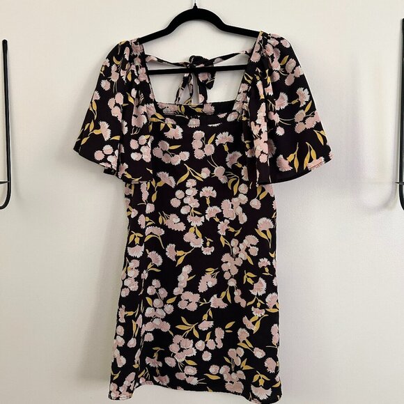 FASHION UNION BLACK PINK FLORAL SHORT SLEEVE TIE BACK DRESS - XS - Picture 6 of 6
